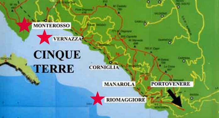 cinque terre map italy Map Of Cinque Terre With Major Places Towns This Is Italy cinque terre map italy