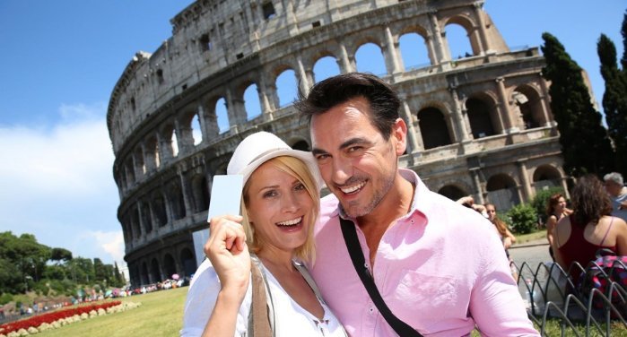 Selfie - Romantic Travel Couple By Coliseum, Rome, Italy. Happy Lovers ...