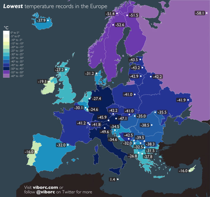 The Lowest Temperatures records in Europe (map) This is Italy